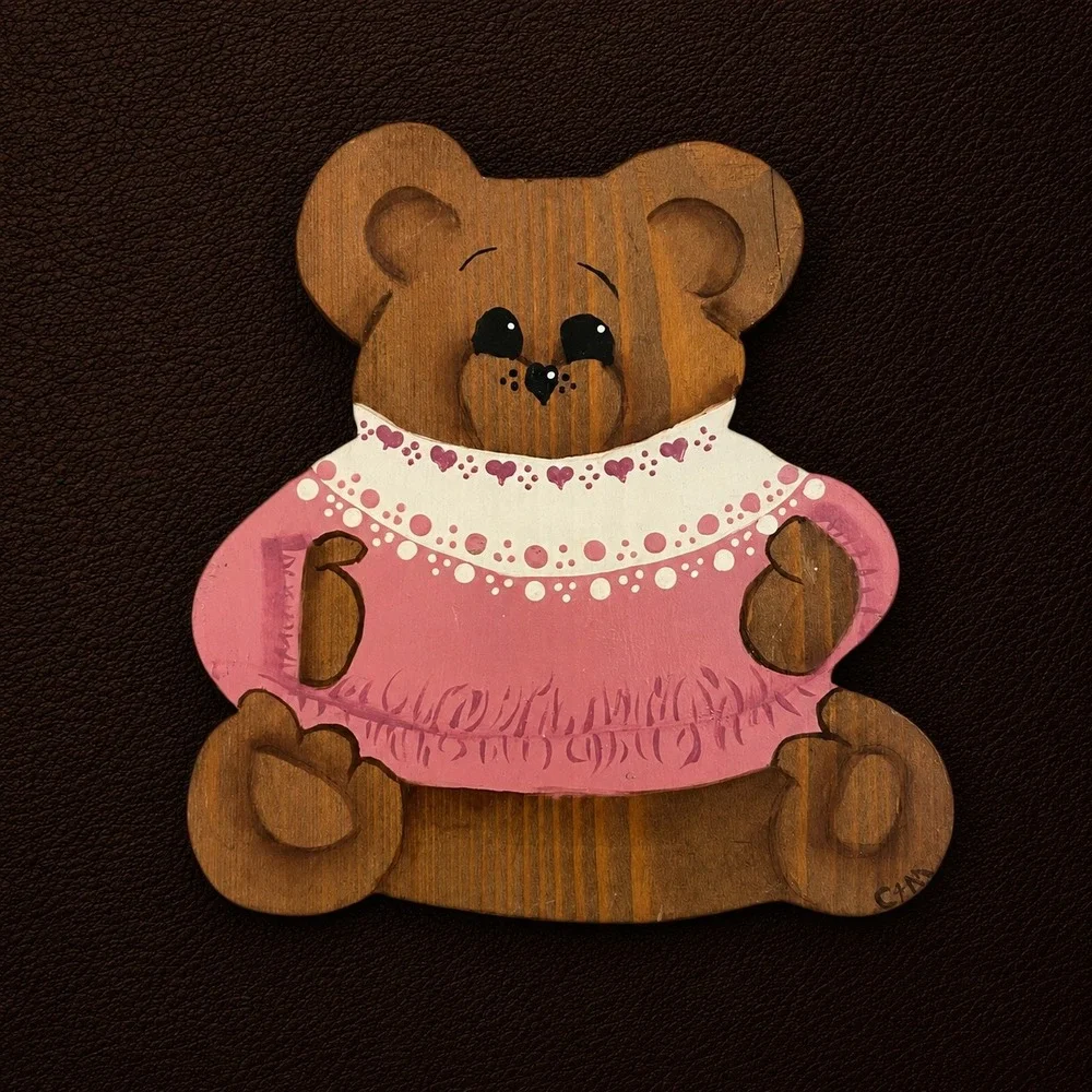 Vintage Hand Painted Wooden Teddy Bear Plaque Pink Heart Dress Folk Art Decor